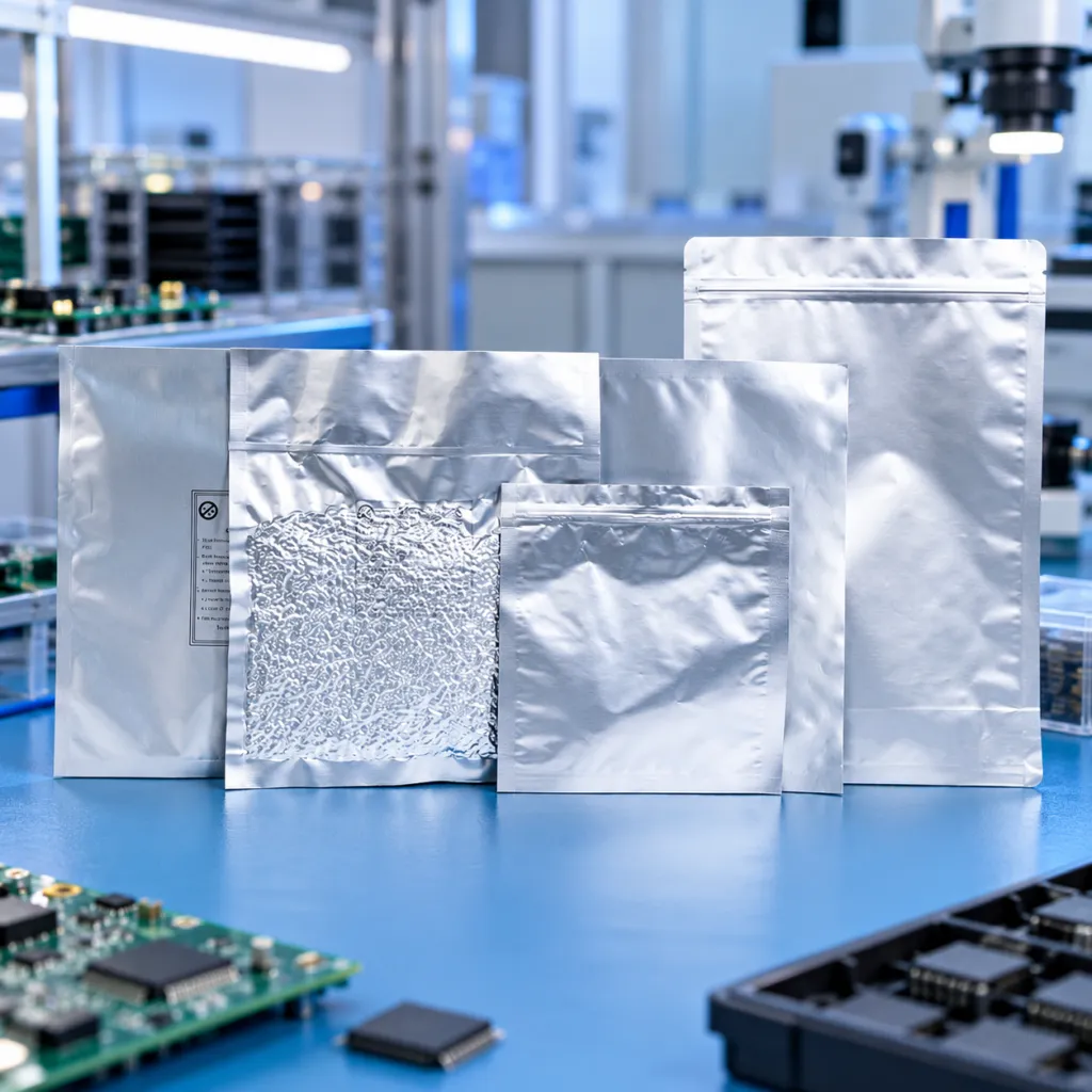 Assorted aluminum foil barrier bags displayed near electronic parts