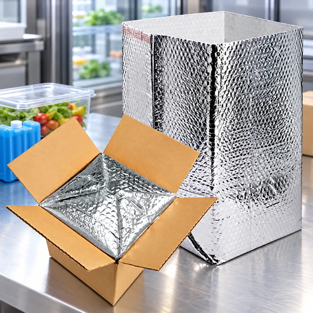 Reflective insulated liner standing beside a lined shipping carton
