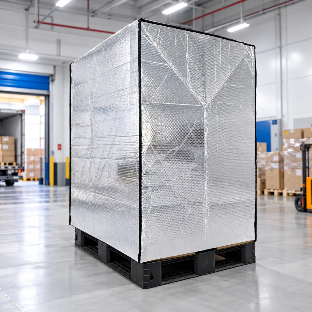 Tall reflective thermal cover fitted over palletized cargo